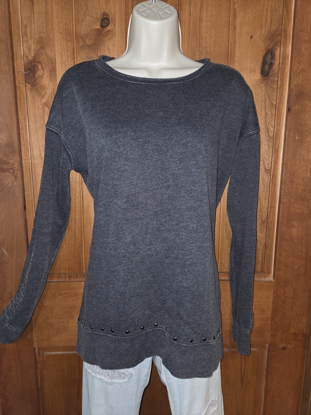 Rock & Republic Dark Gray Long Sleeve Knit Sweatshirt with Hem Studs